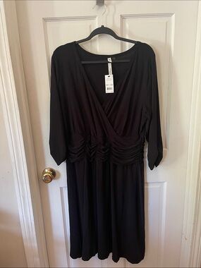 Black Surplice Long-Sleeve Ruched Waist Dress